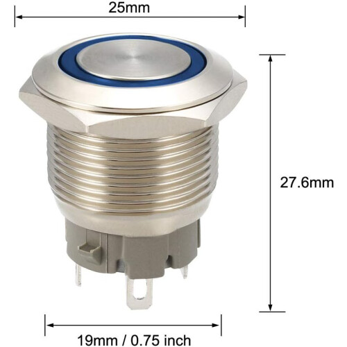 Latching Metal Push Button Switch 19mm Mounting Dia 1NO 12V Blue LED Light with Socket Plug Wires 1pcs 2