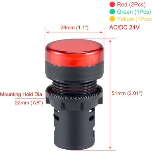 4Pcs Red Green Yellow Indicator Light AC/DC 24V, 22mm Panel Mount, for Electrical Control Panel, HVAC, DIY Projects 1