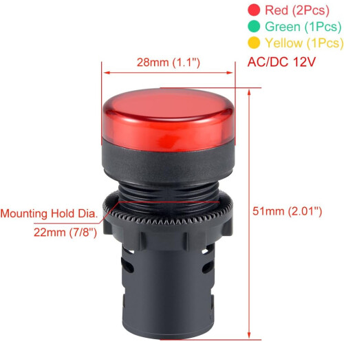 4Pcs Red Green Yellow Indicator Light AC/DC 12V, 22mm Panel Mount, for Electrical Control Panel, HVAC, DIY Projects 1