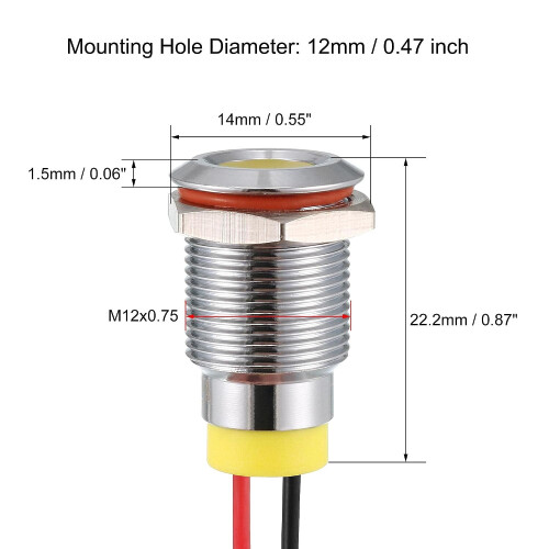 Signal Indicator Light AC/DC 12V 12mm Dash Lamp Flush Panel Mount Yellow LED Metal Shell 1