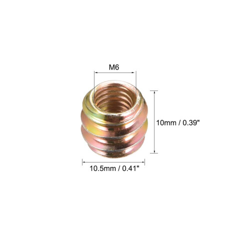 Furniture Threaded Insert Nuts Carbon Steel M6 Internal Thread 10mm Length 20pcs 2