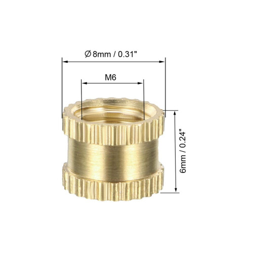 Knurled Insert Nuts - 100Pcs M6 x 6mm Length x 8mm OD Female Thread Brass Threaded Insert Embedment Nut for 3D Printer 1
