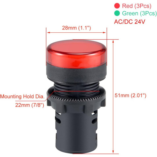 6Pcs Red Green Indicator Light AC/DC 24V, 22mm Panel Mount, for Electrical Control Panel, HVAC, DIY Projects 1