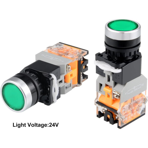 22mm Momentary Push Button Switch Green Round Button DPST 1 No 1 NC Light 24V 1