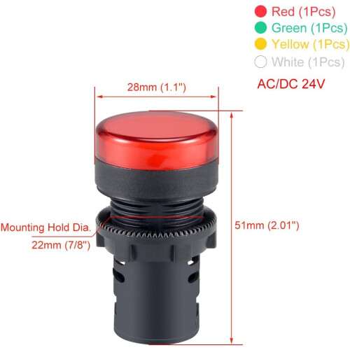4Pcs Red Green Yellow White Indicator Light AC/DC 24V, 22mm Panel Mount, for Electrical Control Panel, HVAC, DIY Projects 1
