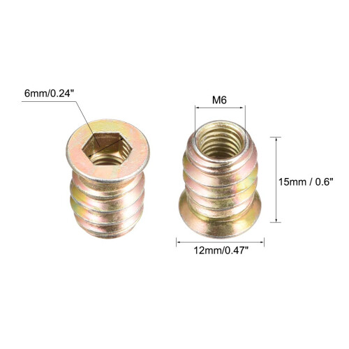 Wood Furniture M6x15mm Threaded Insert Nuts Interface Hex Socket Drive 20pcs 2
