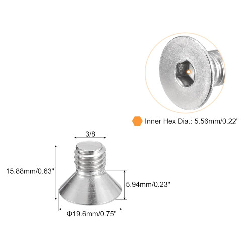 3/8-16x5/8 Flat Countersunk Head Socket Cap Screws, 5Pcs 304 Stainless Steel Hex Socket Flat Head Screws, Full Thread, Countersunk Bolts 1