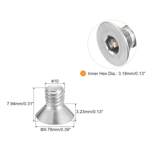 #10-32x5/16 Flat Countersunk Head Socket Cap Screws, 50Pcs 304 Stainless Steel Hex Socket Flat Head Screws, Full Thread, Countersunk Bolts 1