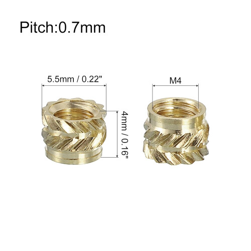Knurled Insert Nuts, 50pcs M4x4mm Lx5.5mm OD 3D Printing Brass Nuts Threaded Inserts Brass Heat Set Insert Embedment Nuts 1