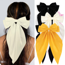 Loqpol Silky Satin Hair Bows, Oversized Long Tail Bows with Barrette Clips, Coquette Hair Accessories for Women and Girls (Black - Beige - Yellow)
