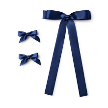 Satin Hair Bow Clips Set of 3, 2 Mini Ribbon Bows and 1 Thick Ribbon Bow with Tails (Navy)