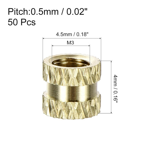 50Pcs Knurled Insert Nuts, M3x4(L) x4.5mm(OD) Brass Female Threaded Inserts Heat Set Insert for 3D Printing Components and Plastic Shell 1