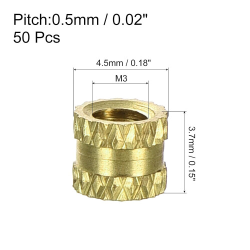 50Pcs Knurled Insert Nuts, M3x3.7(L) x4.5mm(OD) Brass Female Threaded Inserts Heat Set Insert for 3D Printing Components and Plastic Shell 1