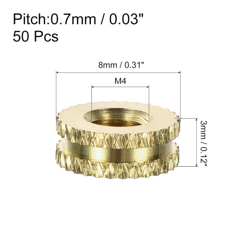 50Pcs Knurled Insert Nuts, M4x3(L) x8mm(OD) Brass Female Threaded Inserts Heat Set Insert for 3D Printing Components and Plastic Shell 1