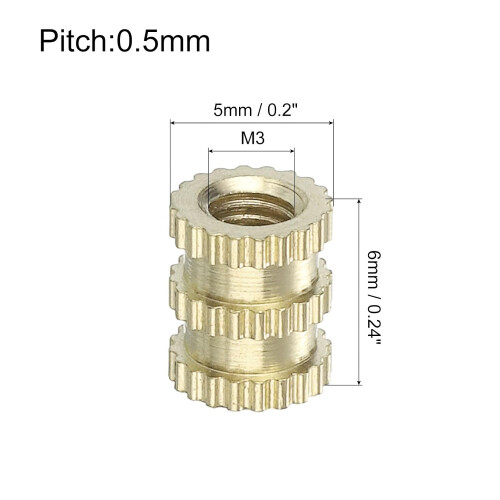 Knurled Insert Nuts, 50Pcs M3 x 6mm(L) x 5mm(OD) Thread Printing Brass Nuts Female Threaded Inserts Brass Heat Set Insert Embedment Nuts 1