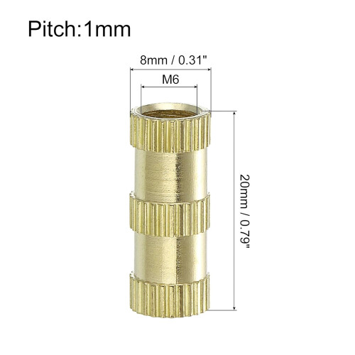 Knurled Insert Nuts, 15Pcs M6 x 20mm(L) x 8mm(OD) Thread Printing Brass Nuts Female Threaded Inserts Brass Heat Set Insert Embedment Nuts 1
