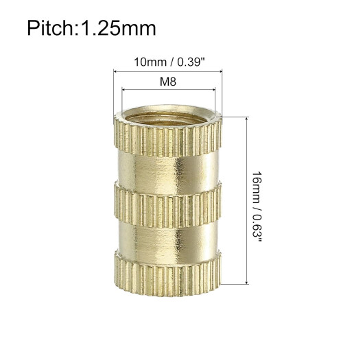 Knurled Insert Nuts, 16Pcs M8 x 16mm(L) x 10mm(OD) Thread Printing Brass Nuts Female Threaded Inserts Brass Heat Set Insert Embedment Nuts 1
