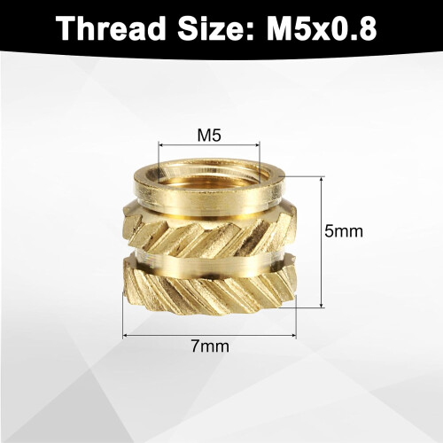 100pcs M5 Threaded Inserts Brass Heat Set Insert M5x5mm, OD 7mm Knurled Insert Nuts, 3D Printing Brass Nuts Female Threaded Inserts Nuts 1