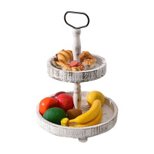 Rustieke Stijl Houten Dienblad met Etagère, Decoratieve Dienblad in Boerderijstijl, Ronde Dienblad met Metalen Handgrepen, Oud Wit