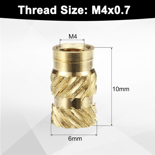 30pcs M4 Threaded Inserts Brass Heat Set Insert M4x10mm, OD 6mm Knurled Insert Nuts, 3D Printing Brass Nuts Female Threaded Inserts Nuts 1