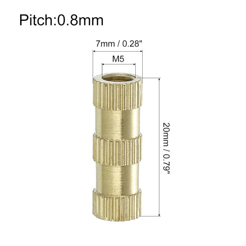Knurled Insert Nuts, 15Pcs M5 x 20mm(L) x 7mm(OD) Thread Printing Brass Nuts Female Threaded Inserts Brass Heat Set Insert Embedment Nuts 1