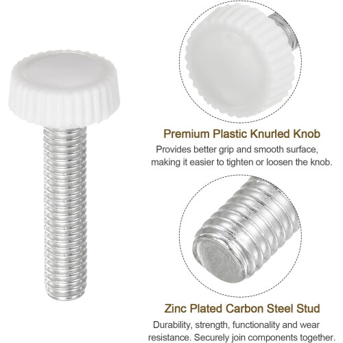 20pcs M6 x 34mm Metric Male Thread Knurled Knobs, Thumb Screw Clamping Knobs Grip Plastic Handle Hand Knobs with Threaded Stud, White 2