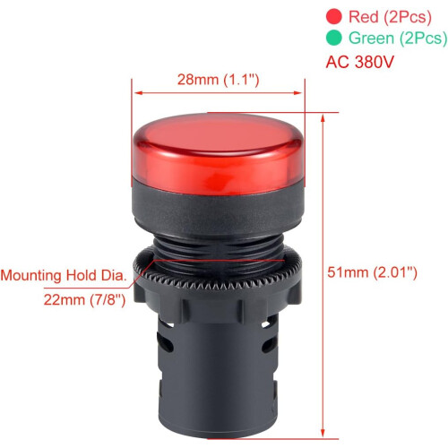 4Pcs Red Green Indicator Light AC 380V, 22mm Panel Mount, for Electrical Control Panel, HVAC, DIY Projects 1