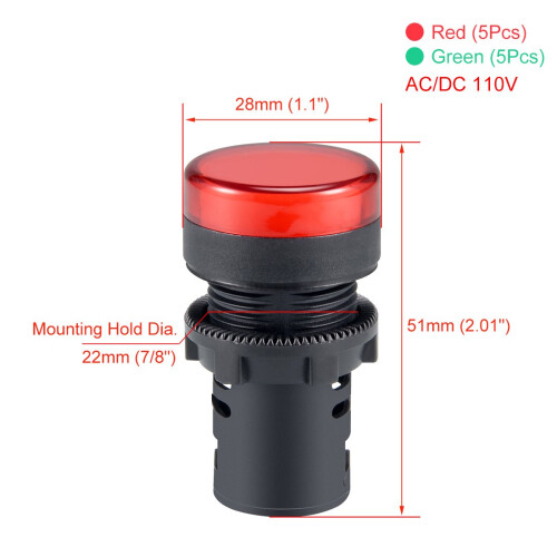 10Pcs Red Green Indicator Light AC/DC 110V, 22mm Panel Mount, for Electrical Control Panel, HVAC, DIY Projects 1