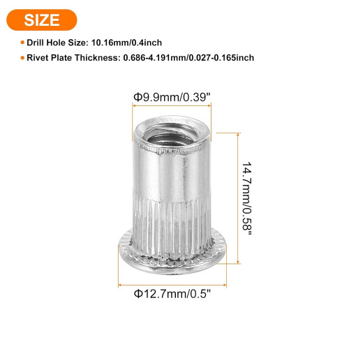 60Pcs Rivet Nuts Flat Head, 1/4"-20 Stainless Steel 304 Thread Insert Nuts Knurled Body 1