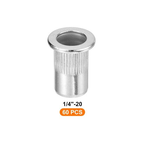 60Pcs Rivet Nuts Flat Head, 1/4"-20 Stainless Steel 304 Thread Insert Nuts Knurled Body 2
