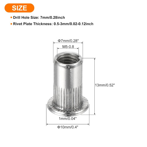200Pcs Rivet Nuts Flat Head, M5 Stainless Steel 304 Threaded Insert Nuts Knurled Body 1