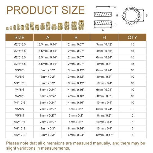 Knurl Thread Insert Nuts - M2/M3/M4/M5/M6 5 Values Metric Brass Female Thread Knurled Nuts Threaded Insert Embedment Nuts Hydraulic Welded for 3D Prin 1