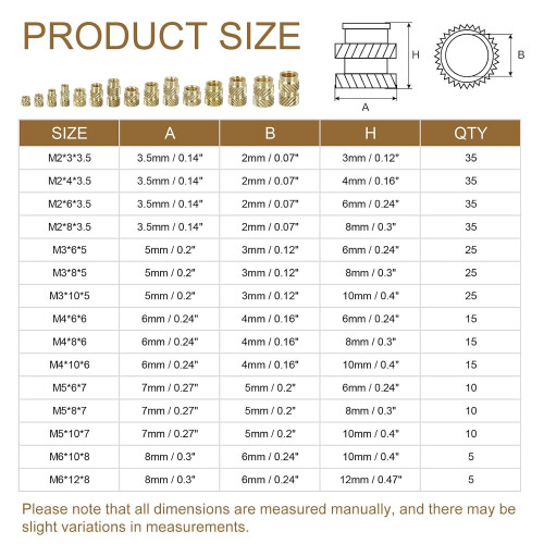 Knurl Thread Insert Nuts - M2/M3/M4/M5/M6 5 Values Metric Brass Female Thread Knurled Nuts Threaded Insert Embedment Nuts Hydraulic Welded for 3D Prin 1