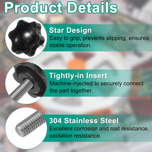 4pcs Star Clamping Knobs with Nuts Washers, M6 x 35mm Metric 304 Stainless Steel Male Thread 38mm 6-Star Plastic Head, Threaded Stud Hand Knobs Handle 2