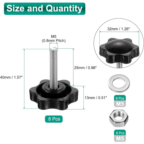 8pcs Star Clamping Knobs with Nuts Washers, M5 x 25mm Metric 304 Stainless Steel Male Thread 32mm 6-Star Plastic Head, Threaded Stud Hand Knobs Handle 1