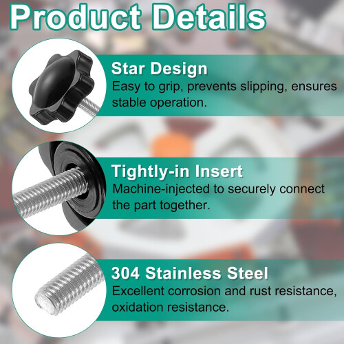 8pcs Star Clamping Knobs with Nuts Washers, M5 x 25mm Metric 304 Stainless Steel Male Thread 32mm 6-Star Plastic Head, Threaded Stud Hand Knobs Handle 2