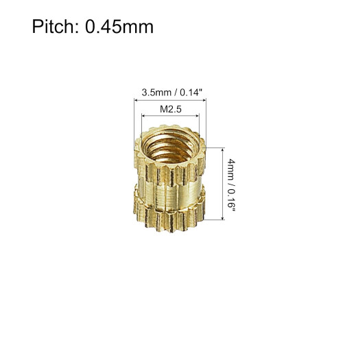M2.5 x 4mm(L) x 3.5mm(OD) Female Thread Brass Knurled Threaded Insert Embedment Nuts, 80Pcs 1