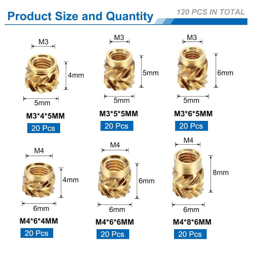 120pcs M3 M4 Metric Threaded Inserts Brass Heat Set Insert Knurled Nuts Assortment Kit, 3D Printing Brass Nuts Female Threaded Inserts Nuts 1