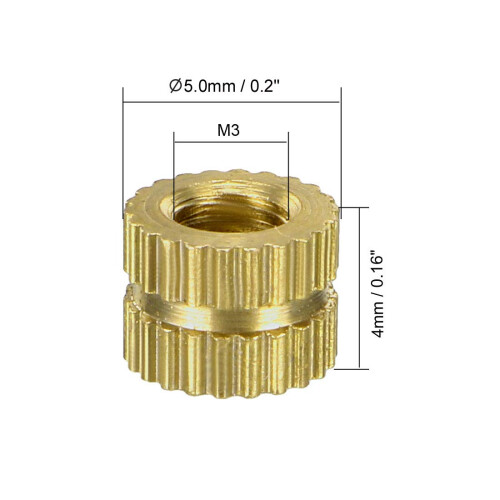 Knurled Insert Nuts - 50Pcs M3 x 4mm Length x 5mm OD Female Thread Brass Threaded Insert Embedment Nut for 3D Printer 1