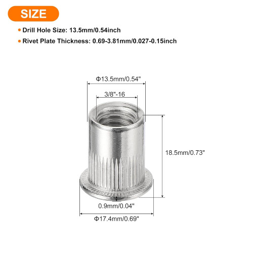 50Pcs Rivet Nuts Flat Head, 3/8 Stainless Steel 304 Threaded Insert Nuts Knurled Body 1