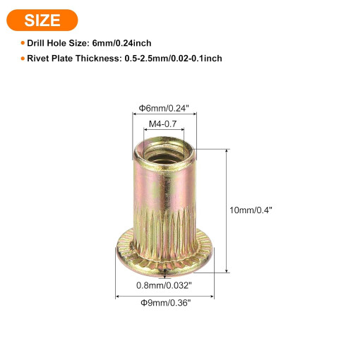 200Pcs Rivet Nut Flat Head, M4 Carbon Steel Threaded Insert Nuts Knurled Body 1