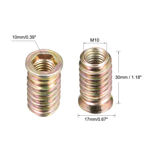 Wood Furniture M10x30mm Threaded Insert Nuts Interface Hex Socket Drive 5pcs 2