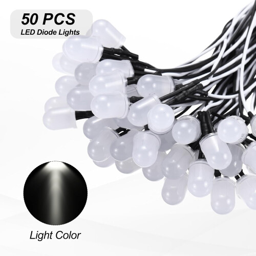 50pcs 10mm LED Diode Lights, White Light DC 12V Pre-Wired Small Emitting LED Light High Brightness 1