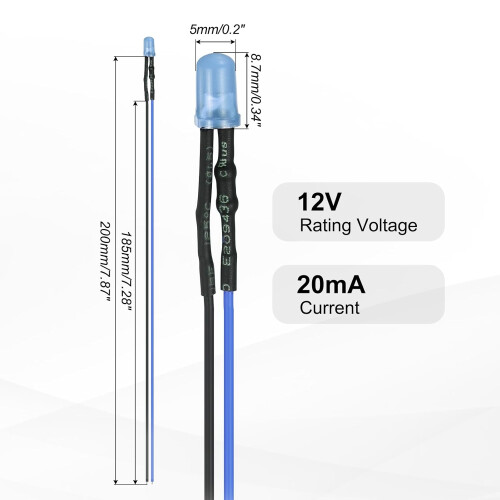 50pcs 5mm LED Diode Lights, Blue Light DC 12V Pre-Wired Small Emitting LED Light High Brightness 2