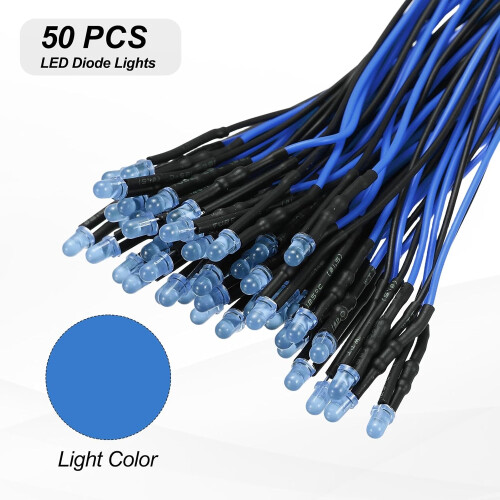 50pcs 3mm LED Diode Lights, Single Flash Blue Light DC 12V Pre-Wired Small Emitting LED Light High Brightness 1