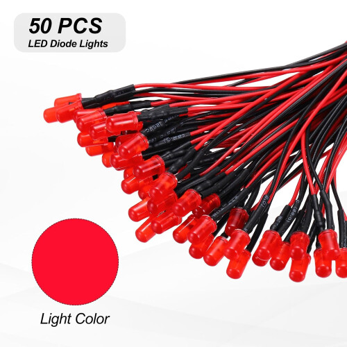 50pcs 5mm LED Diode Lights, Red Light DC 12V Pre-Wired Small Emitting LED Light High Brightness 1