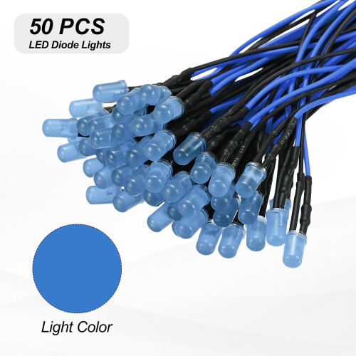 50pcs 5mm LED Diode Lights, Blue Light DC 12V Pre-Wired Small Emitting LED Light High Brightness 1