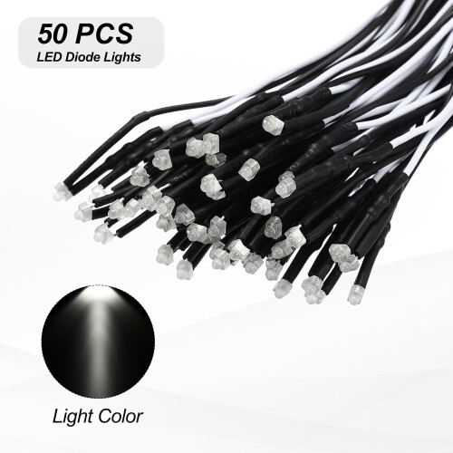 50pcs 1.8mm LED Diode Lights, White Light DC 12V Pre-Wired Small Emitting LED Light High Brightness 1