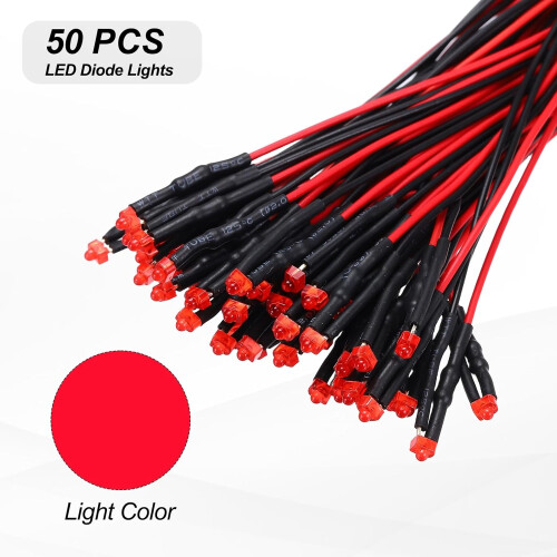 50pcs 1.8mm LED Diode Lights, Red Light DC 12V Pre-Wired Small Emitting LED Light High Brightness 1