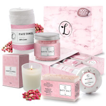 Coffret Cadeau Spa 100% Naturel, Comprend: Bombe de Bain, Sel de Bain, Savon, Bougie, Gant de Toilette. Idéal pour Elle. (Rose)